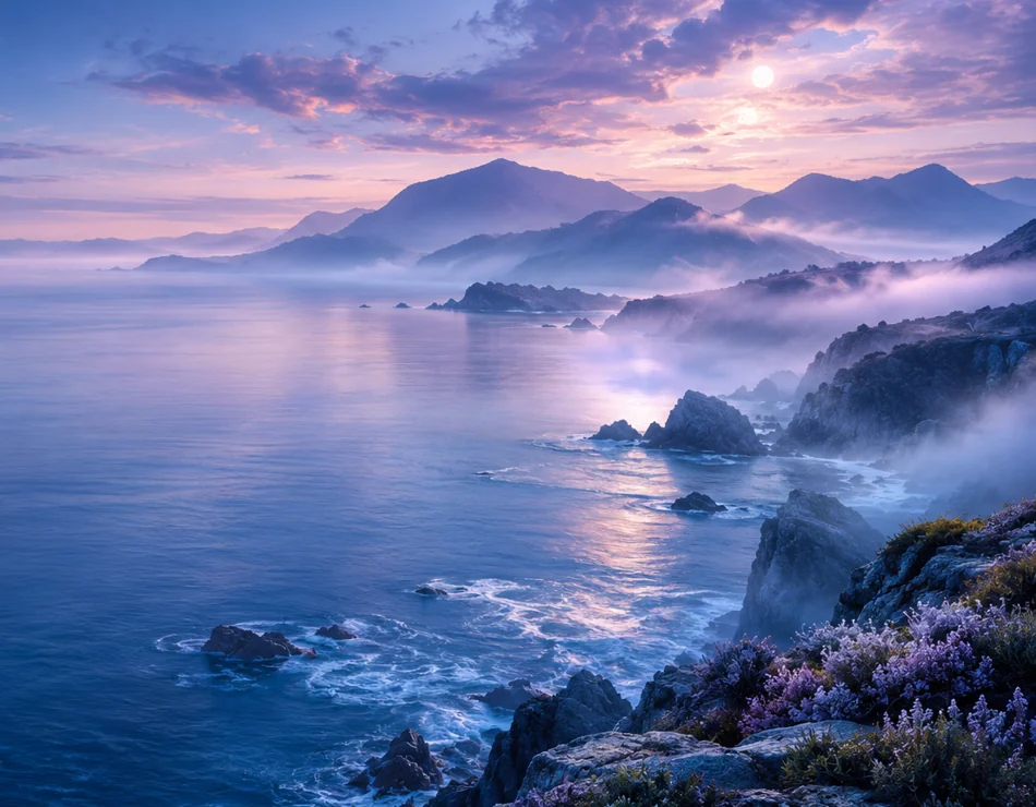Blue-violet sea and rugged coastline at dusk