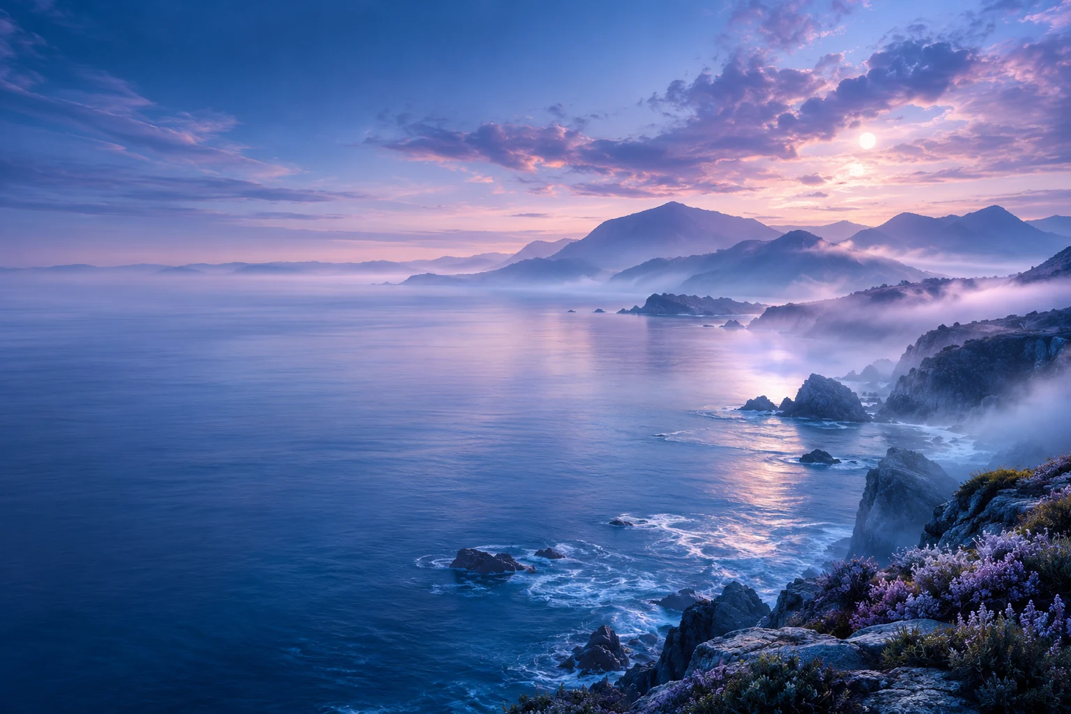 Blue-lavender evening coastline